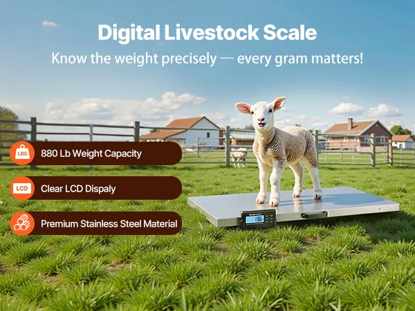 Báscula para ganado VEVOR con capacidad máxima de 880 libras en un entorno de almacén.