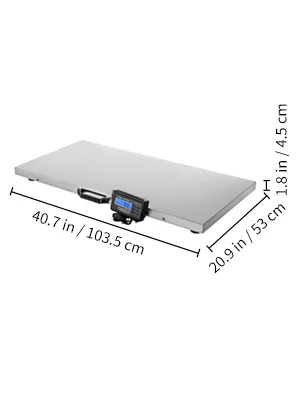 Báscula para ganado VEVOR con pantalla LED, plataforma de acero inoxidable y dimensiones etiquetadas.