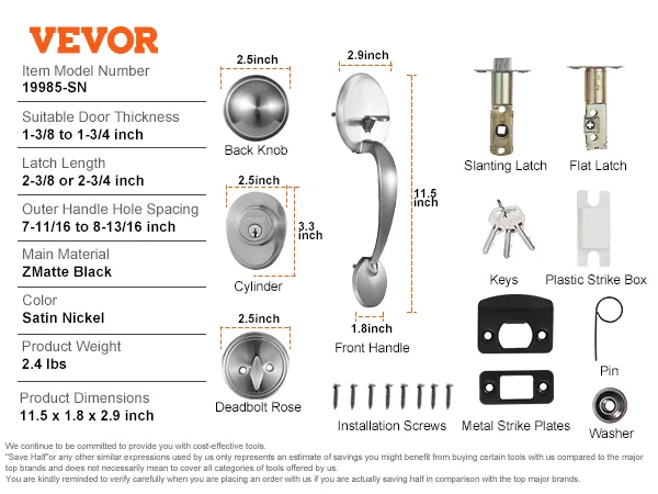 VEVOR front door handle set with back knob, cylinder, keys, and installation hardware in satin nickel.