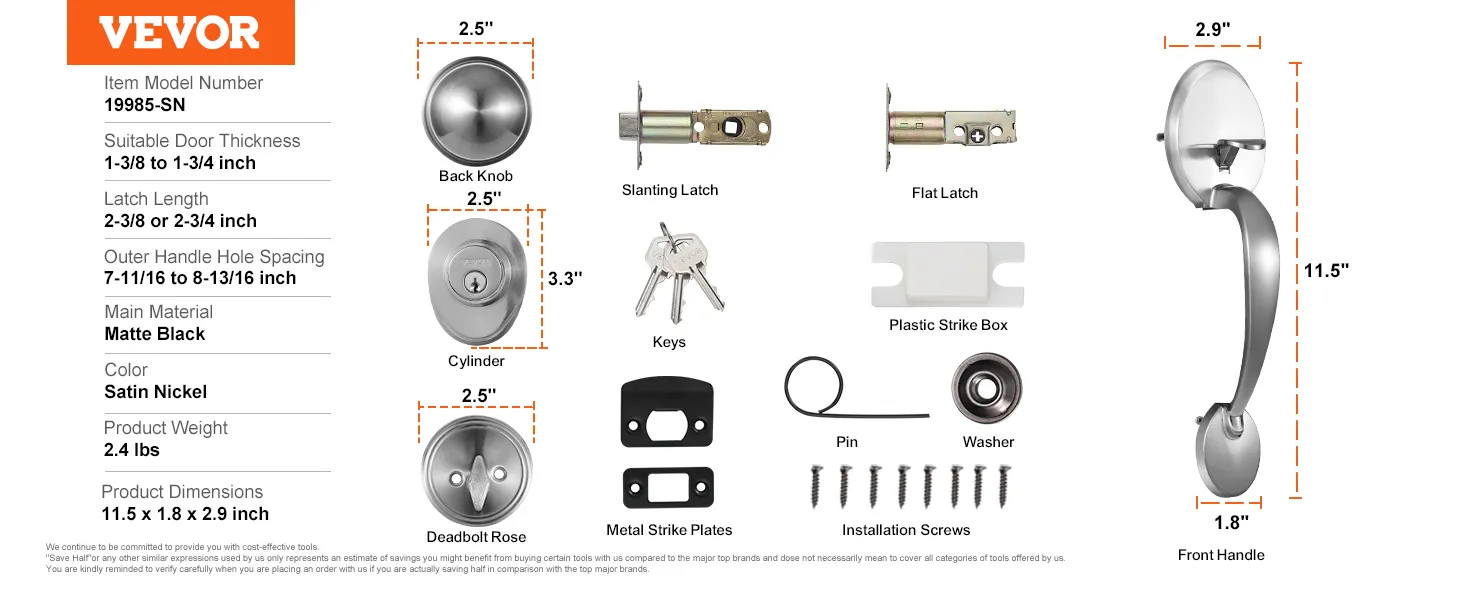 VEVOR front door handle set with back knob, cylinder, keys, and installation hardware in satin nickel.