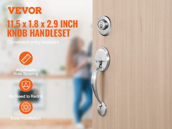 VEVOR front door handle set with adjustable hole spacing, no need to redrill, and easy installation.