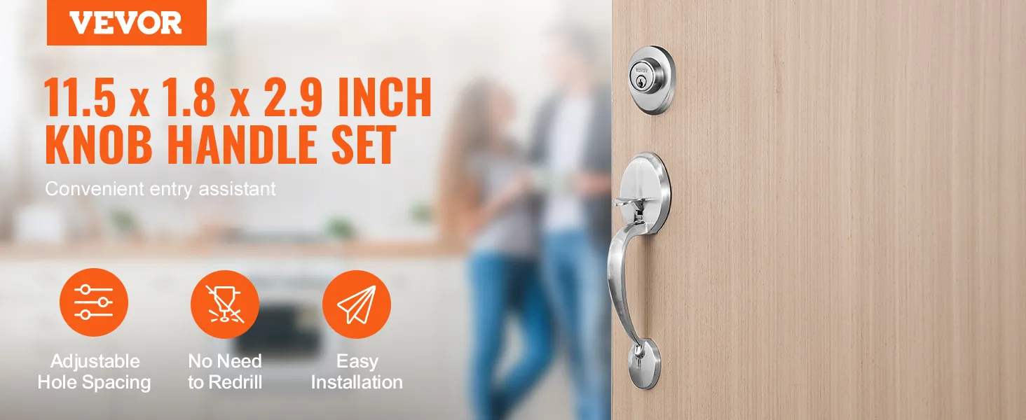 VEVOR front door handle set with adjustable hole spacing, no need to redrill, and easy installation.