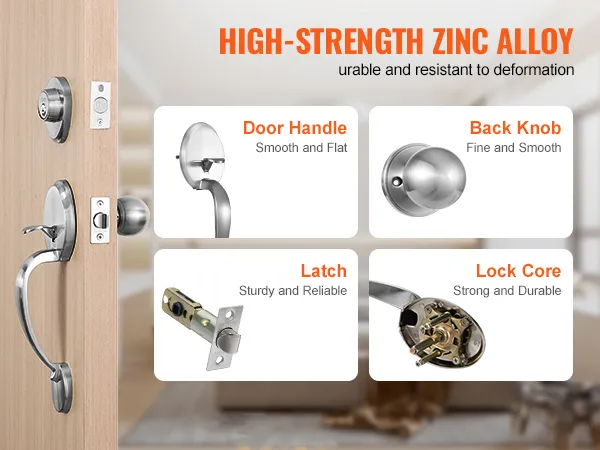 VEVOR front door handle set, zinc alloy, features door handle, back knob, latch, and lock core.