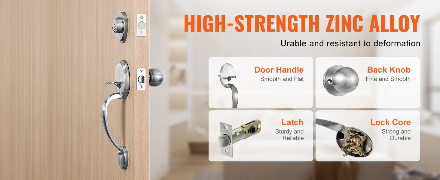 VEVOR front door handle set, zinc alloy, features door handle, back knob, latch, and lock core.