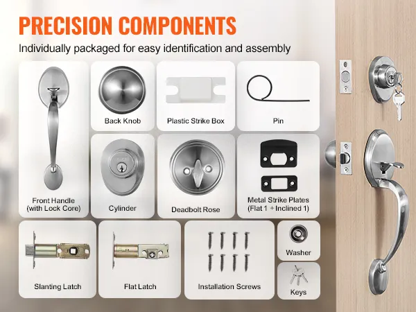 VEVOR front door handle set with precision components including slanting latch, cylinder, keys, and screws.