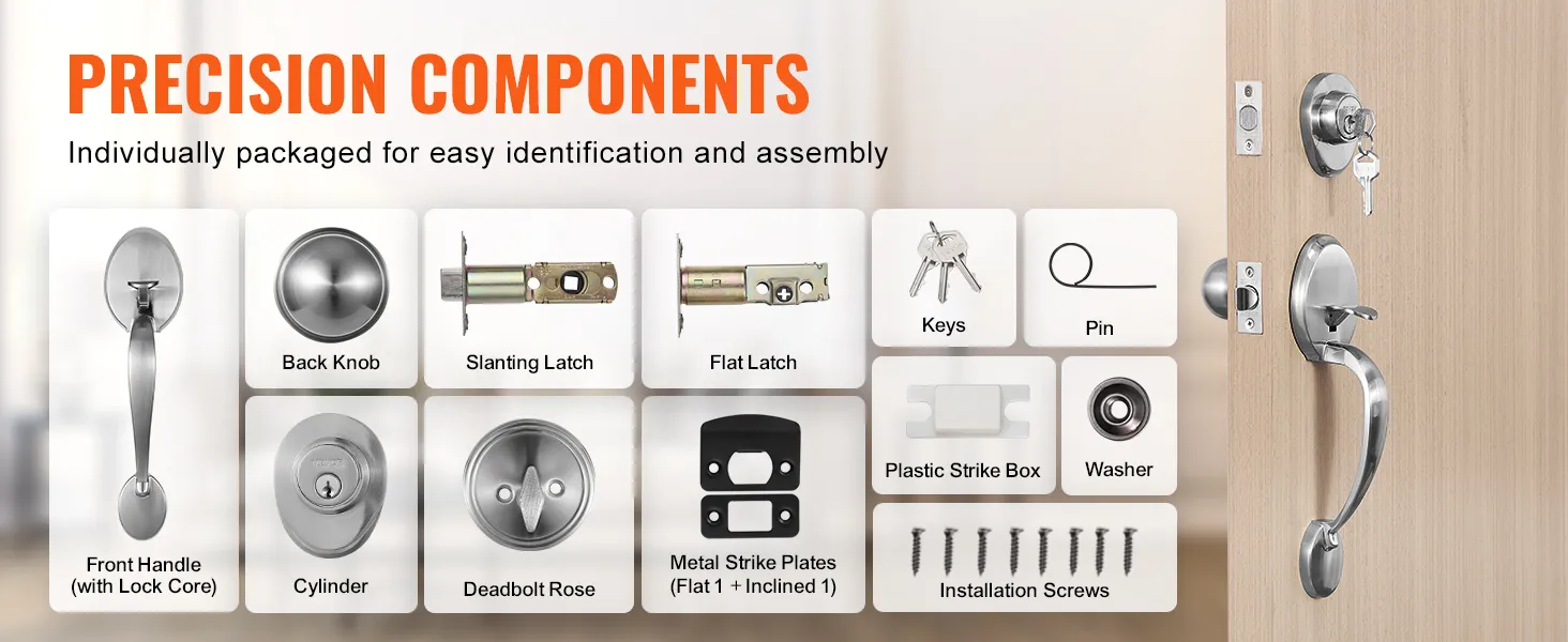 VEVOR front door handle set with precision components including slanting latch, cylinder, keys, and screws.