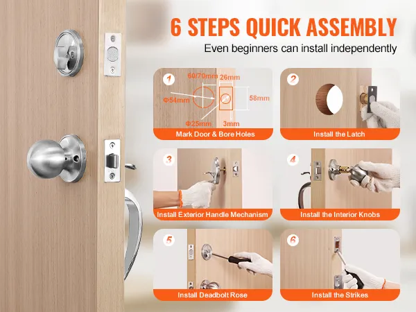 6 steps to install VEVOR front door handle set: mark door, install latch, handle, interior knobs, rose, strikes.