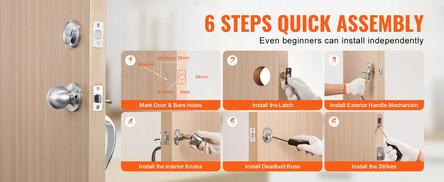 6 steps to install VEVOR front door handle set: mark door, install latch, handle, interior knobs, rose, strikes.