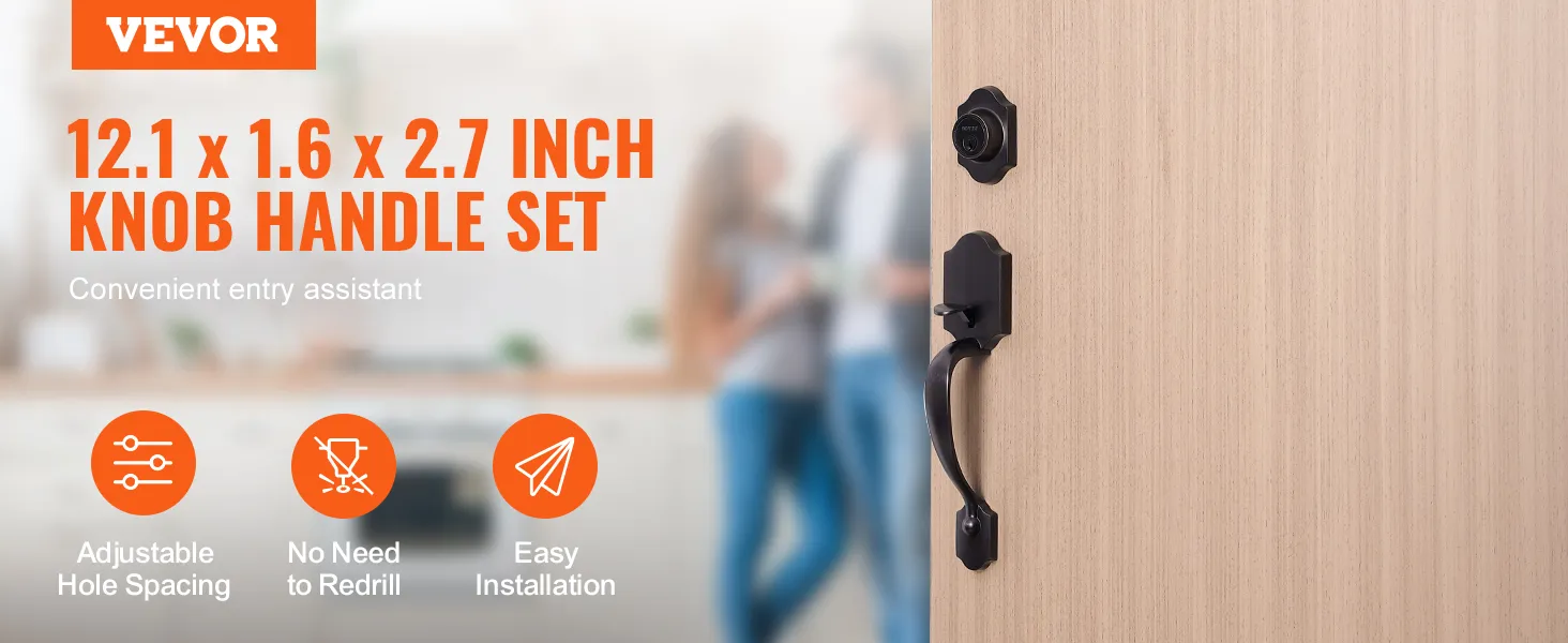 VEVOR front door lock set with adjustable hole spacing, no need to redrill, and easy installation.