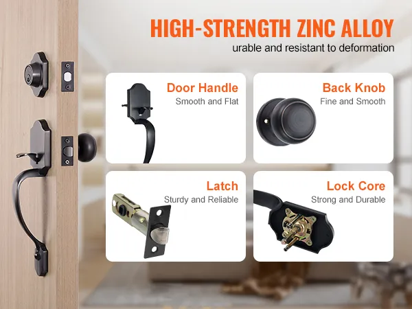 VEVOR front door lock set, high-strength zinc alloy, smooth door handle, sturdy latch, durable lock core.
