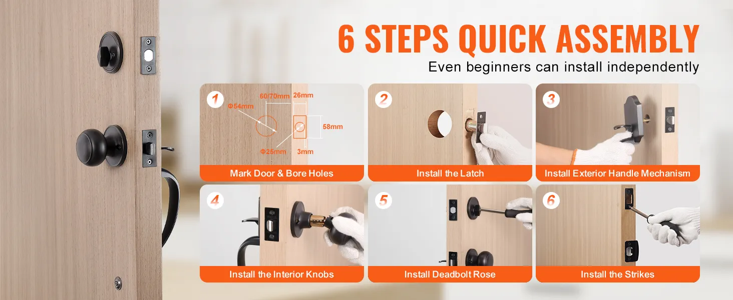 6-step assembly guide for VEVOR front door lock set, showcasing easy installation for beginners.