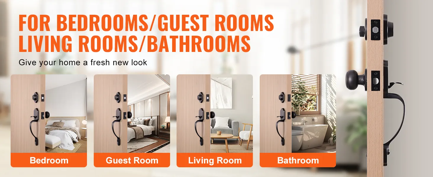 VEVOR front door lock set with black finish, suitable for bedroom, guest room, living room, and bathroom.