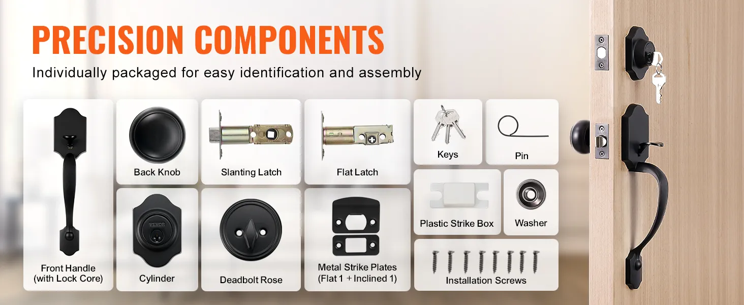 precision components of the VEVOR front door lock set neatly displayed with identified parts for easy assembly.