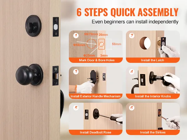 6 steps to install VEVOR front door lock set, including door prep and latch, handle, knob, and strikes.
