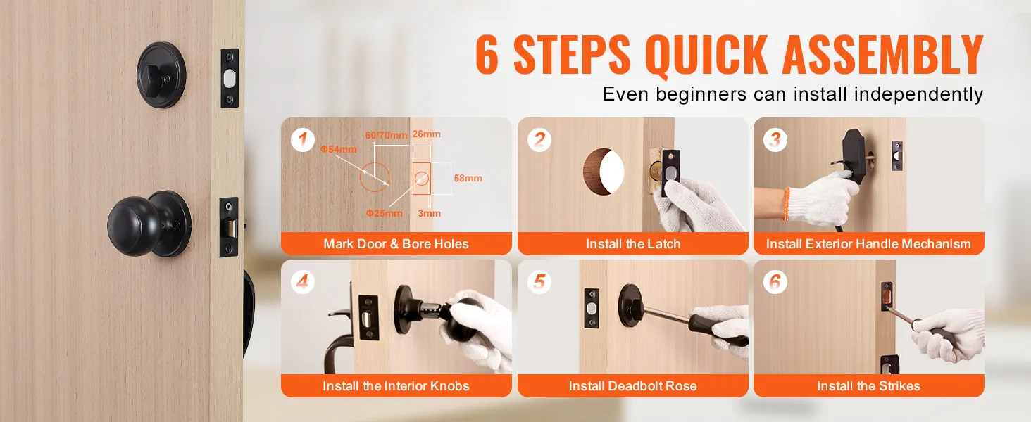 6 steps to install VEVOR front door lock set, including door prep and latch, handle, knob, and strikes.