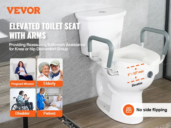 VEVOR raised toilet seat with arms providing bathroom assistance for pregnant women, elderly, and patients.