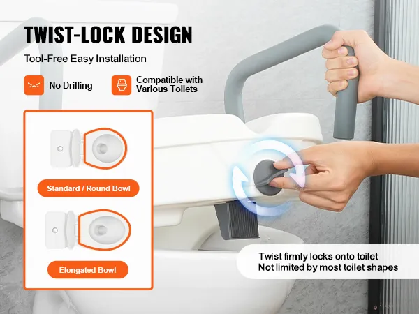 twist-lock design for VEVOR raised toilet seat, tool-free installation, compatible with various toilets.