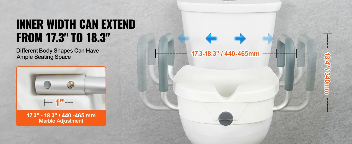VEVOR raised toilet seat with adjustable width from 17.3" to 18.3" and 13.4" height for ample seating space.