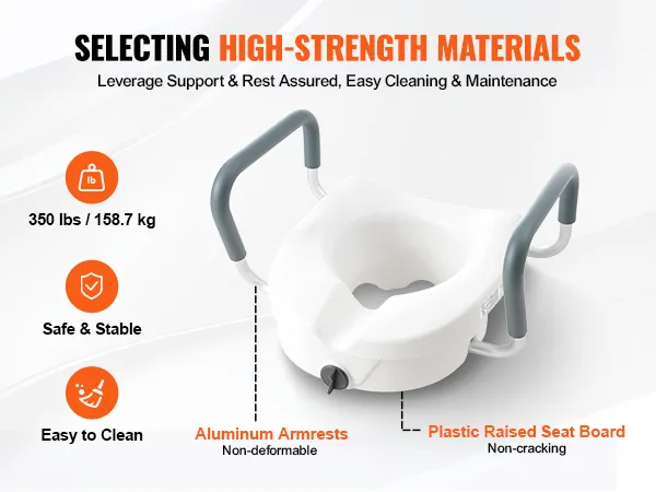 VEVOR raised toilet seat with aluminum armrests, plastic seat board, supports up to 350 lbs, easy to clean.