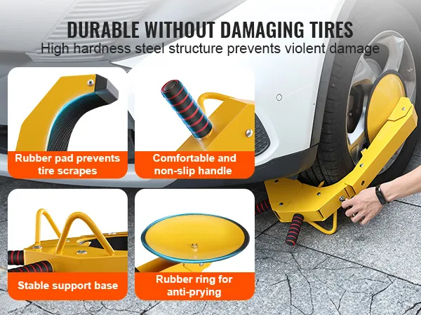 VEVOR wielvergrendeling met rubberen pad, antislip handvat, stabiele basis en rubberen anti-wrikken ring.
