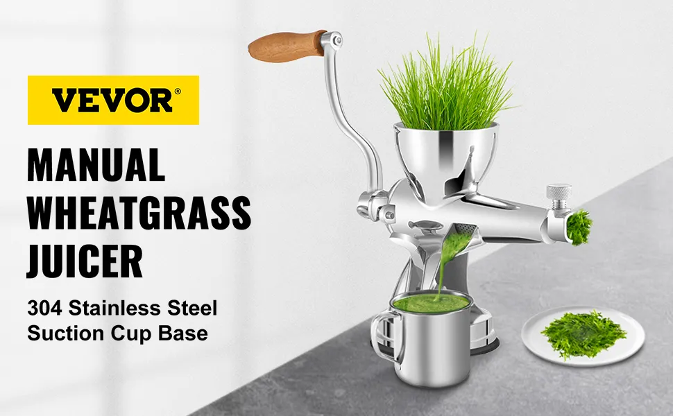 VEVOR wheatgrass juicer with stainless steel body and suction cup base making juice.
