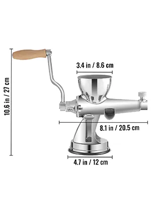 VEVOR wheatgrass juicer with crank handle and dimensions marked.