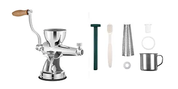 VEVOR wheatgrass juicer with handle, filter, brush, cleaning parts, and a steel cup.