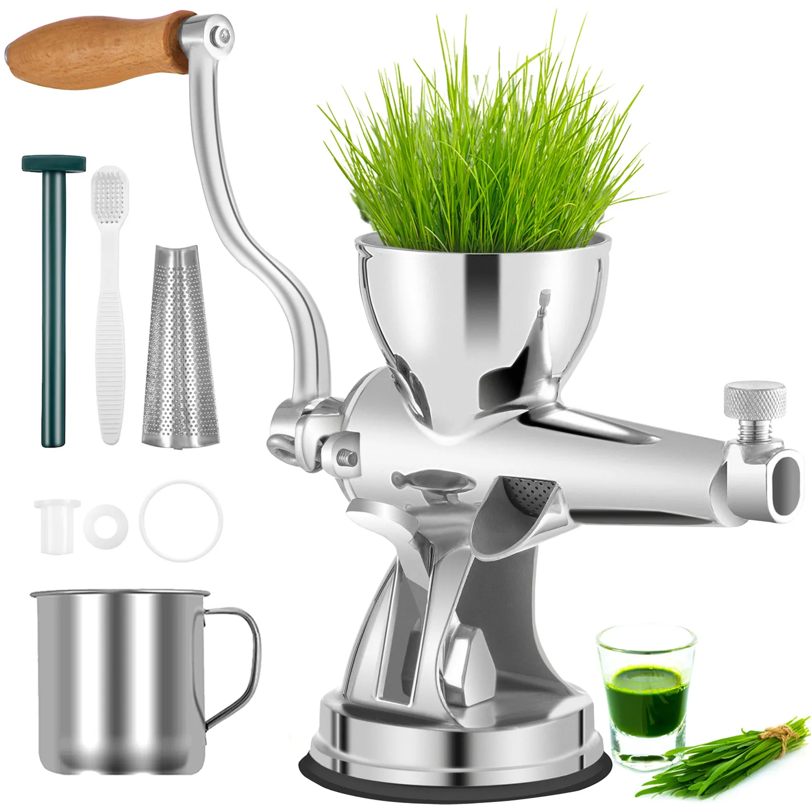 VEVOR wheatgrass juicer with stainless steel parts and wooden crank handle, plus accessories.
