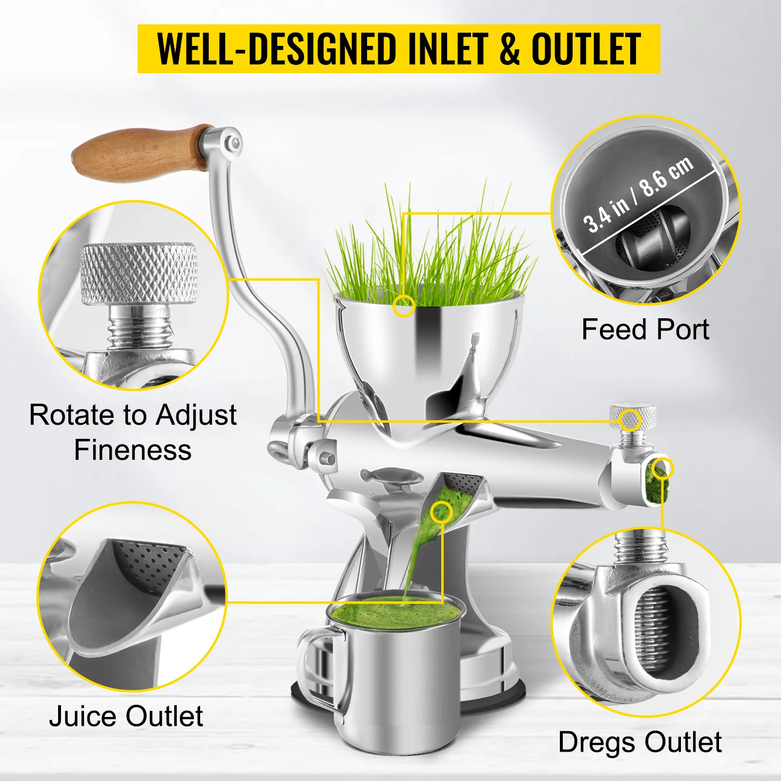 VEVOR wheatgrass juicer with well-designed inlet, outlet, and adjustable fineness.