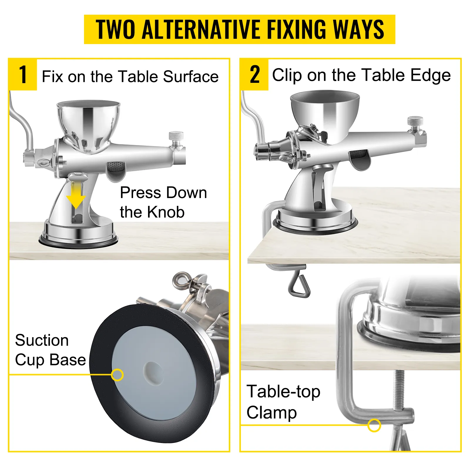 VEVOR wheatgrass juicer: two fixing options, suction cup base and table-top clamp.