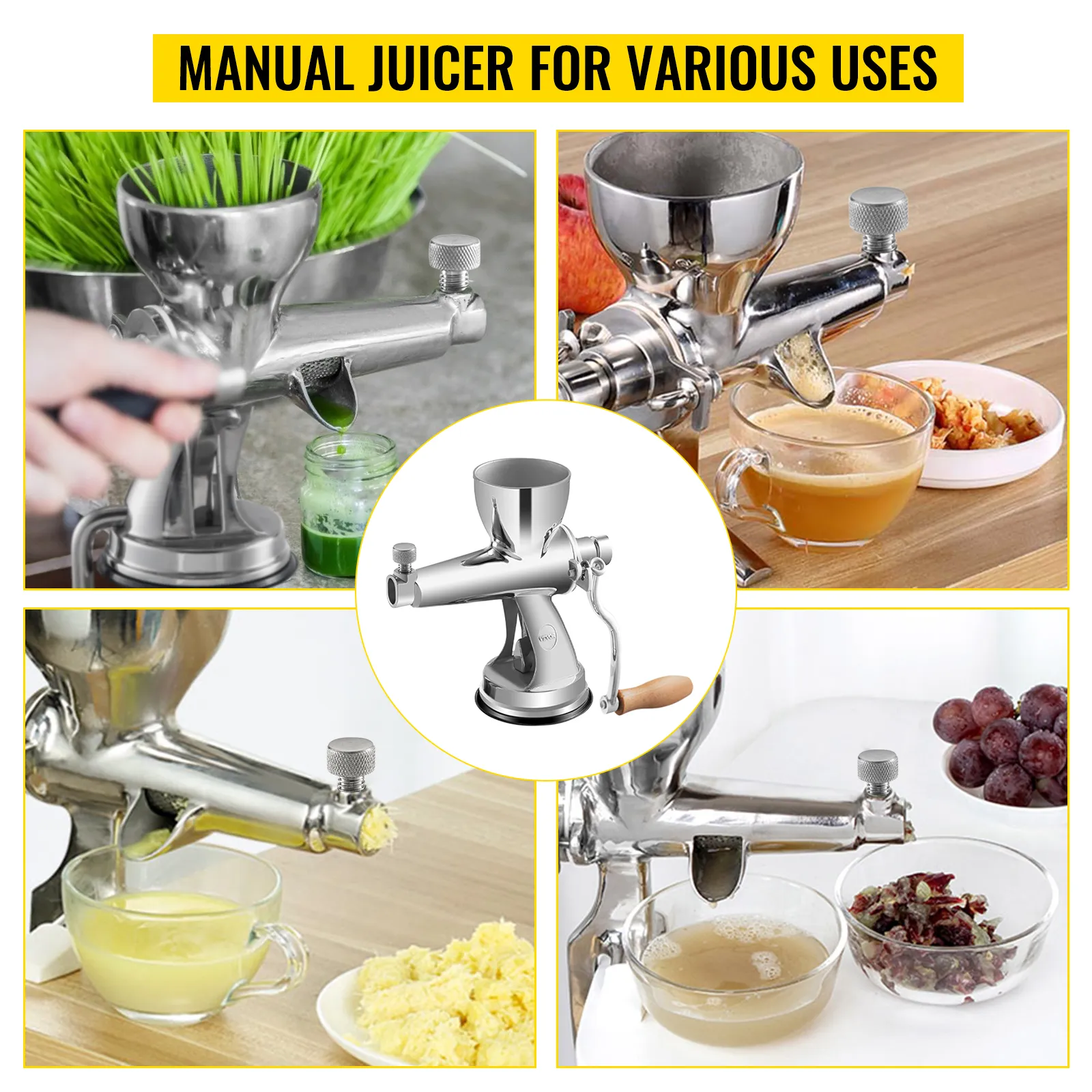 VEVOR wheatgrass juicer showcasing different uses for fresh juice extraction.