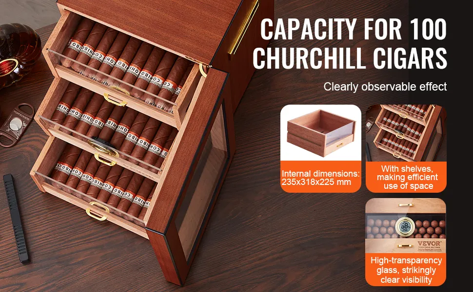 VEVOR-Zigarren-Humidor mit 3 Regalen, Kapazität für 100 Churchill-Zigarren, hochtransparentes Glas, Holzoberfläche.