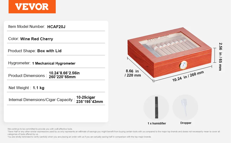 Humidor per sigari VEVOR, scatola color rosso ciliegia con coperchio, dimensioni 10,24"x8,66"x2,56", igrometro meccanico.