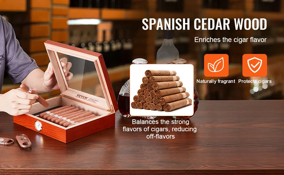 Humidor per sigari VEVOR in legno di cedro spagnolo, con esposizione di sigari, un humidor e icone informative.