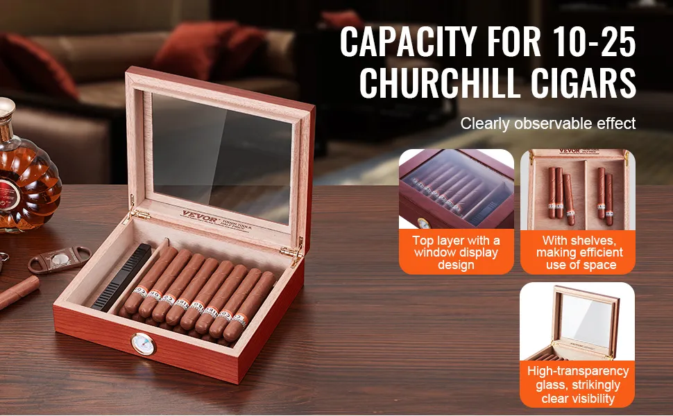 Humidor per sigari VEVOR con esposizione di sigari Churchill, dotato di ripiano in vetro e ripiani organizzati su un tavolo di legno.