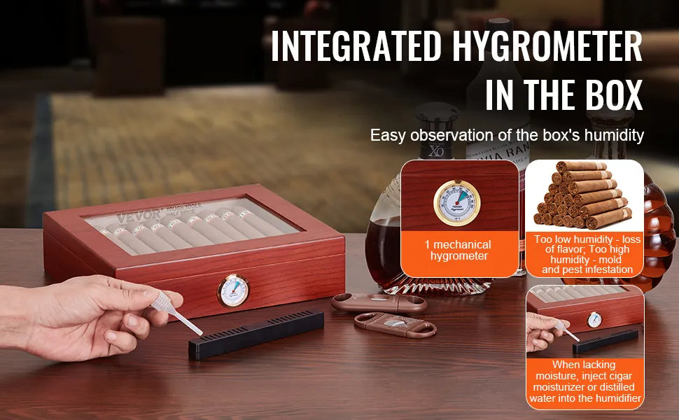 Humidor per sigari VEVOR con igrometro integrato per una facile osservazione dell'umidità, con visualizzazione dei sigari e suggerimenti per la manutenzione.