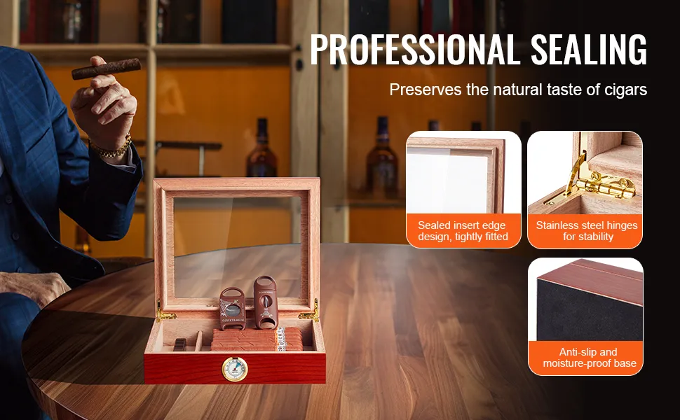 Humidor per sigari VEVOR con bordo sigillato, cerniere in acciaio inox e base antiscivolo su tavolo di legno.