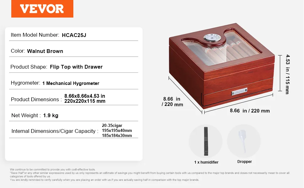 Humidor per sigari VEVOR, marrone noce, 22x22x11,4 cm, con coperchio a ribalta, cassetto e igrometro meccanico.