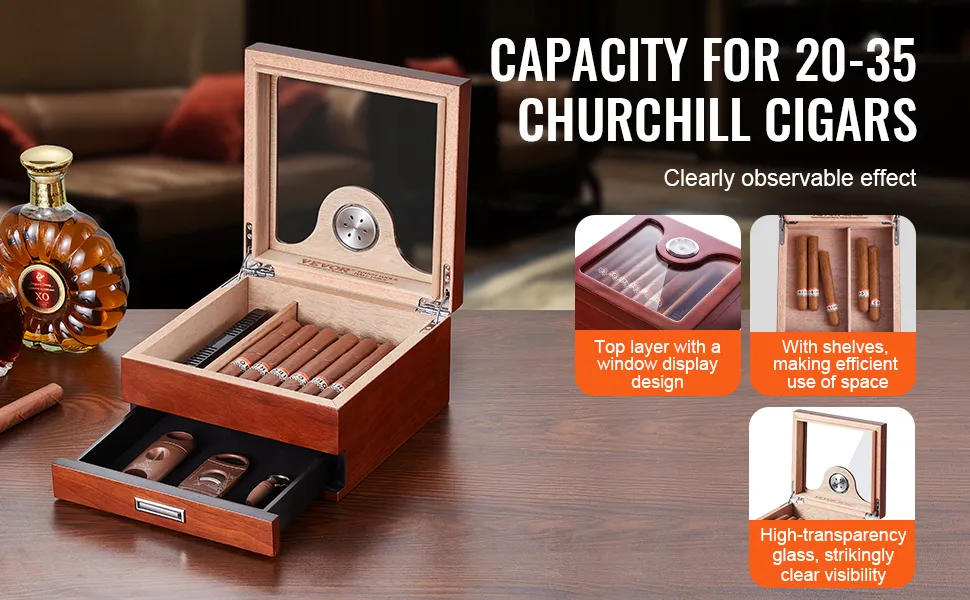 Humidor per sigari VEVOR con capienza da 20 a 35 sigari Churchill, piano in vetro e cassetto per gli accessori.