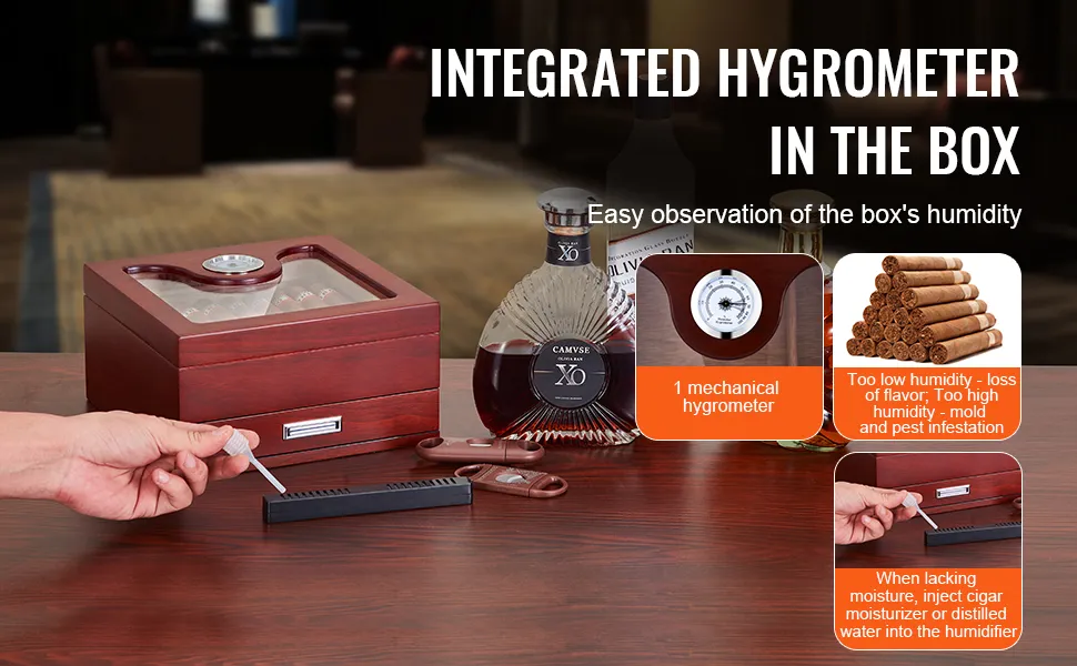 Humidor per sigari VEVOR con igrometro integrato, regolazione manuale del livello di umidità e scatola di legno con sigari.
