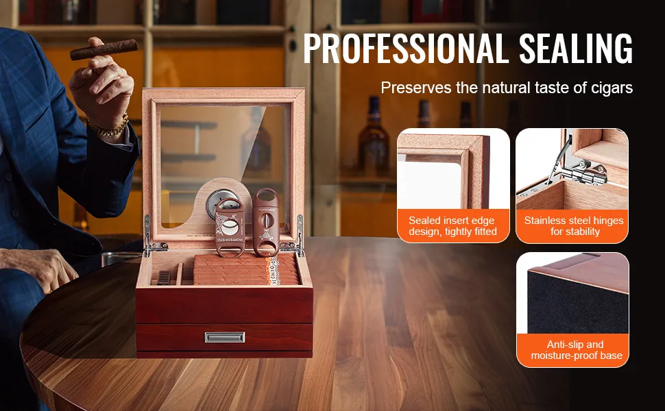 Humidor per sigari VEVOR con bordi sigillati, cerniere in acciaio inox e base antiscivolo per una sigillatura professionale.