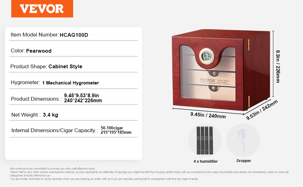 VEVOR cigar humidor, pearwood, cabinet style, mechanical hygrometer, dimensions: 9.45in x 9.53in x 8.9in.