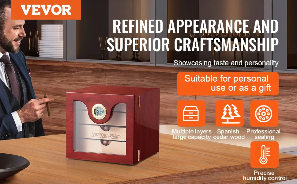 VEVOR cigar humidor with refined appearance and superior craftsmanship, suitable for personal use or gifts.