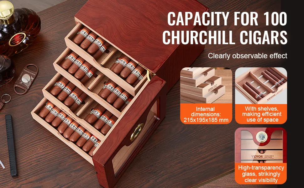 VEVOR cigar humidor with capacity for 100 churchill cigars, featuring shelves and high-transparency glass.