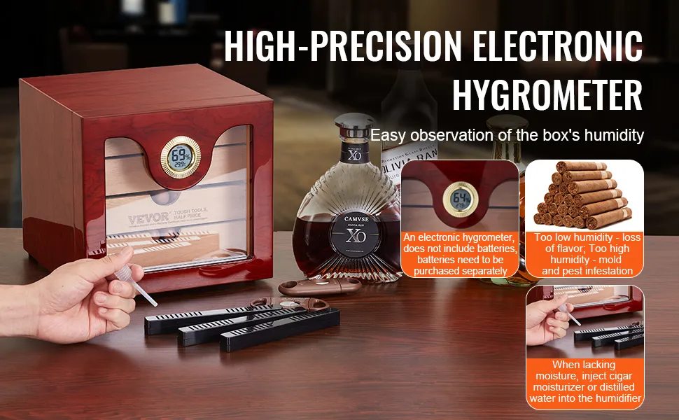VEVOR cigar humidor with high-precision electronic hygrometer, a hand injecting moisture into the humidor.