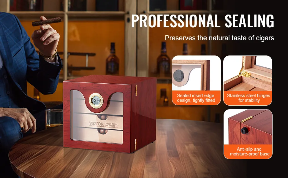 VEVOR cigar humidor with professional sealing, stainless steel hinges, and moisture-proof base.