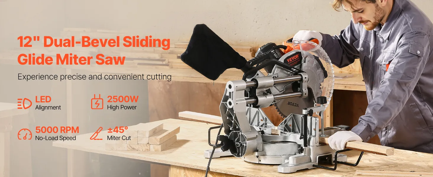Sliding Compound Miter Saw 12-In Blade 15 Amp Motor Corded Double Bevel 60-Tooth