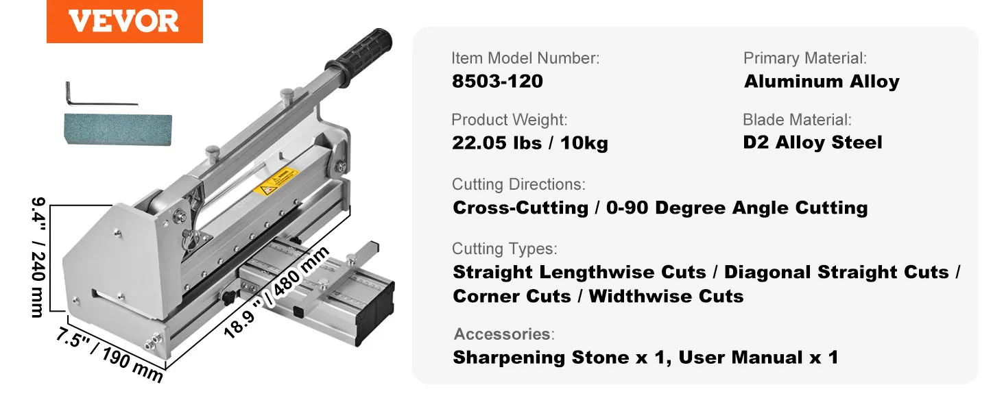 VEVOR vinyl plank cutter with d2 alloy steel blade, aluminum alloy body, dimensions, and included accessories.