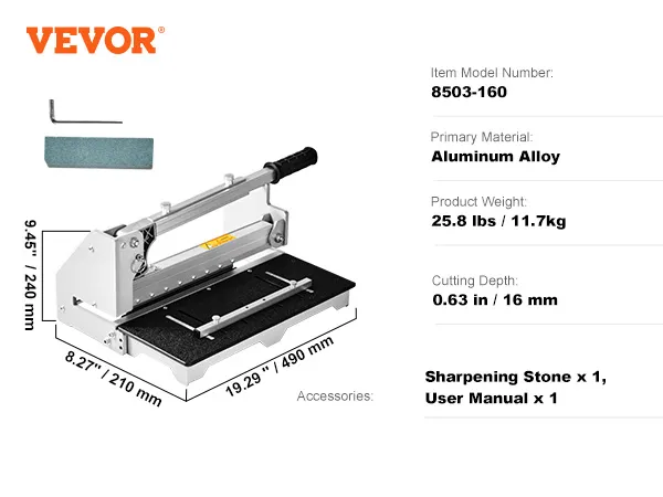 VEVOR vinyl plank cutter, aluminum alloy, d2 steel blade, 25.8 lbs, for straight, corner, widthwise cuts.