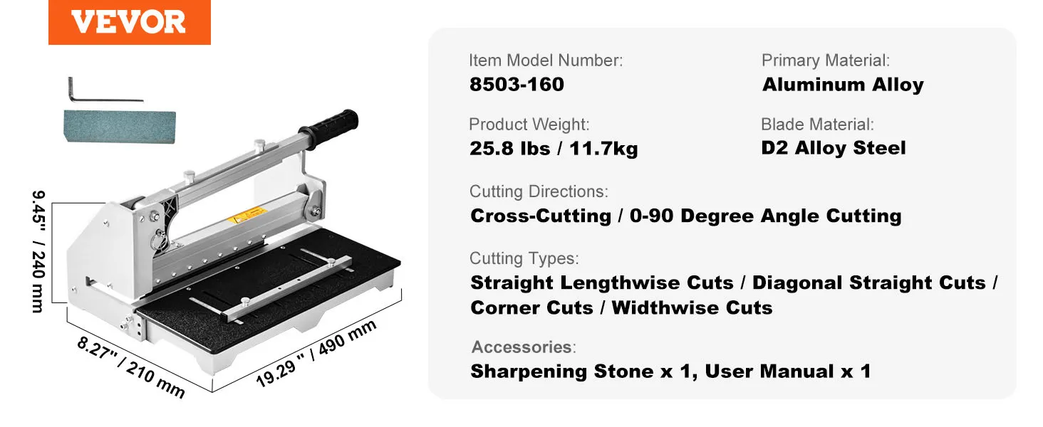VEVOR vinyl plank cutter, aluminum alloy, d2 steel blade, 25.8 lbs, for straight, corner, widthwise cuts.
